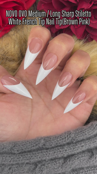 Medium or Long Pure Color Sharp Stiletto Nail Tips Brown Pink