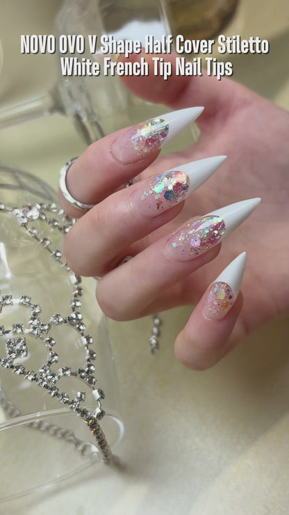 V Shape Half Cover Stiletto White French Tip Nail Tips 160