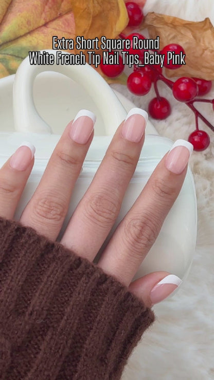 Square Round Short White French Tips Baby Pink