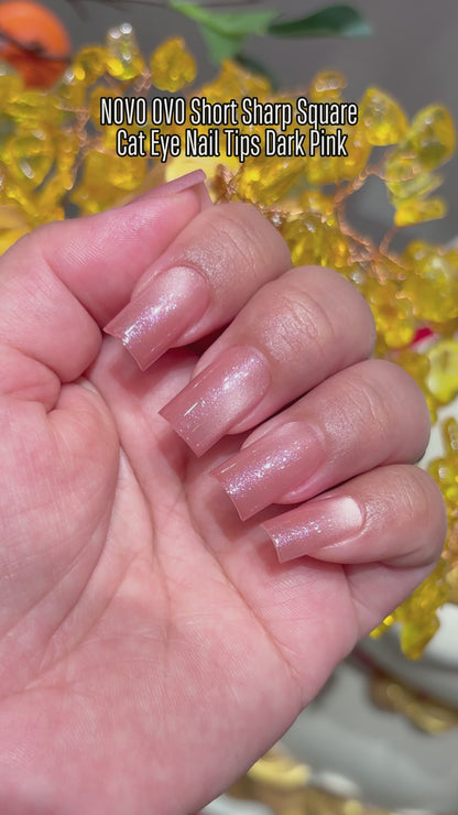 Short Sharp Square Cat Eye Nail Tips Dark Pink
