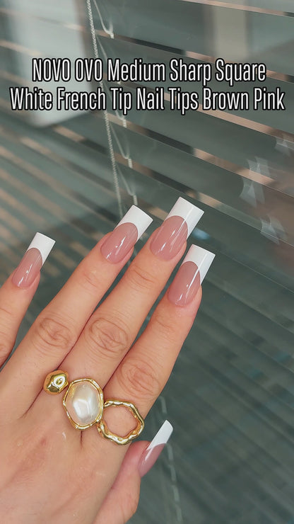 Medium Sharp Square White French Tip Nail Tips Brown Pink 180
