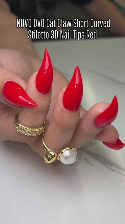 Cat Claw Short Curved Stiletto 3D Nail Tips Red 128