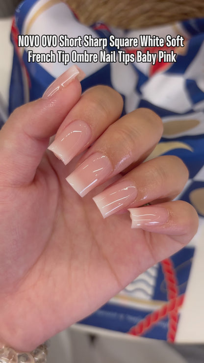 Short Sharp Square White Soft French Tip Ombre Nail Tips Baby Pink 240