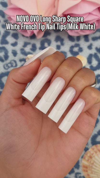 Long Sharp Square White French Tip Nail Tips Milky White
