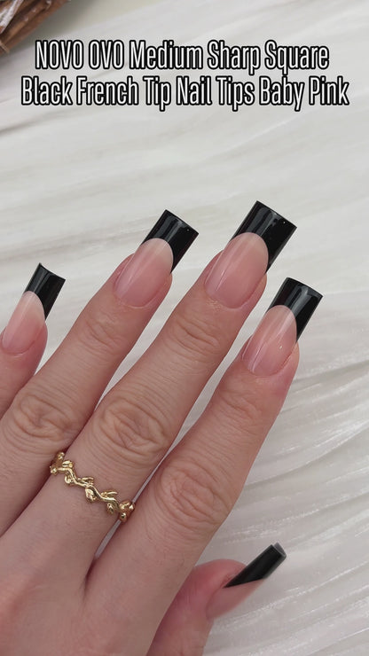 Meidum Sharp Square Black French Tip Nail Tips Baby Pink 180