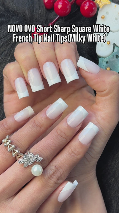 Short Sharp Square Nail Tips Wide White French Tip Milky White