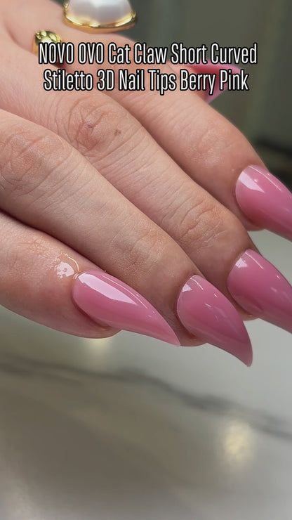 Cat Claw Short Curved Stiletto 3D Nail Tips Berry Pink 128