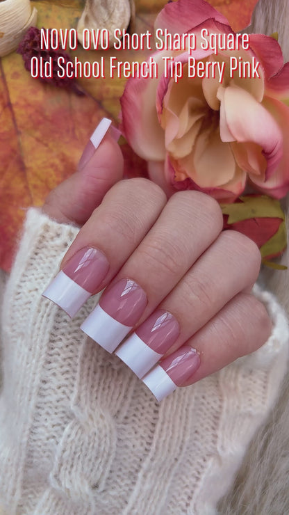 Short Sharp Square Nail Tips Wide White French Tip Berry Pink