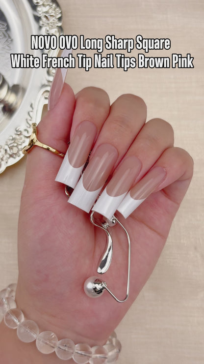 Long Sharp Square White French Tip Naili Tips Brown Pink 180