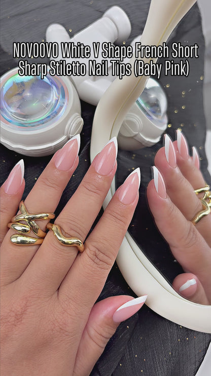 White V Shape French Short Sharp Stiletto Nail Tips Baby Pink