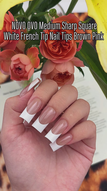 Medium Sharp Square White French Tip Nail Tips Brown Pink 180