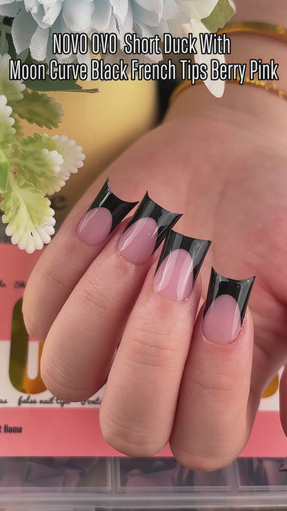 Duck Nails Short with Moon Curve Black French Tips Berry Pink