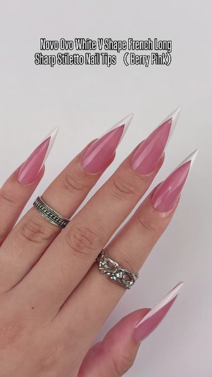 White V Shape French Long Sharp Stiletto Nail Tips Berry Pink