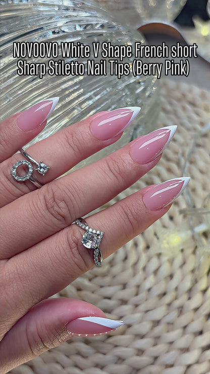 White V Shape French Short Sharp Stiletto Nail Tips Berry Pink