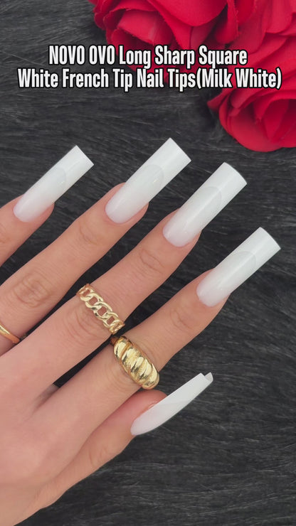 Long Sharp Square White French Tip Nail Tips Milky White