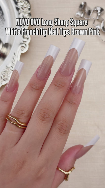 Long Sharp Square White French Tip Naili Tips Brown Pink 180