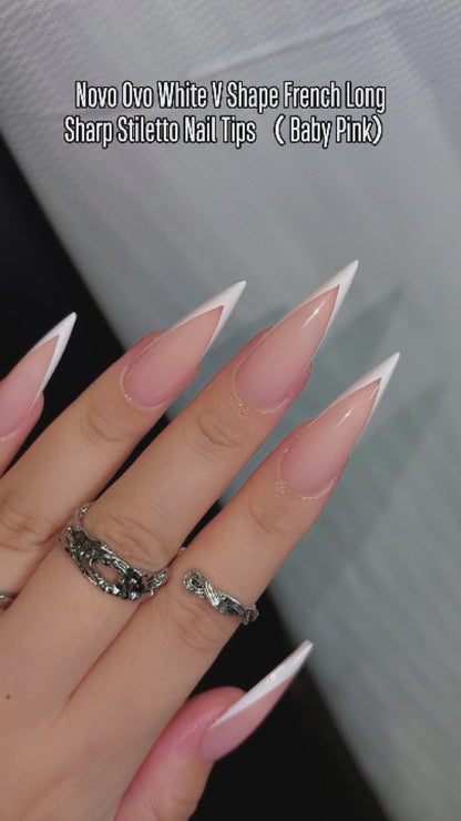 White V Shape French Long Sharp Stiletto Nail Tips Baby Pink