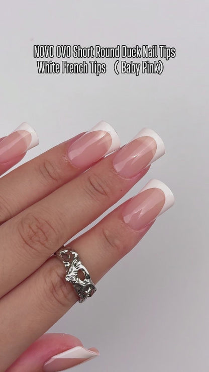 Short Round Duck Nail Tips White French Tips Baby Pink 240