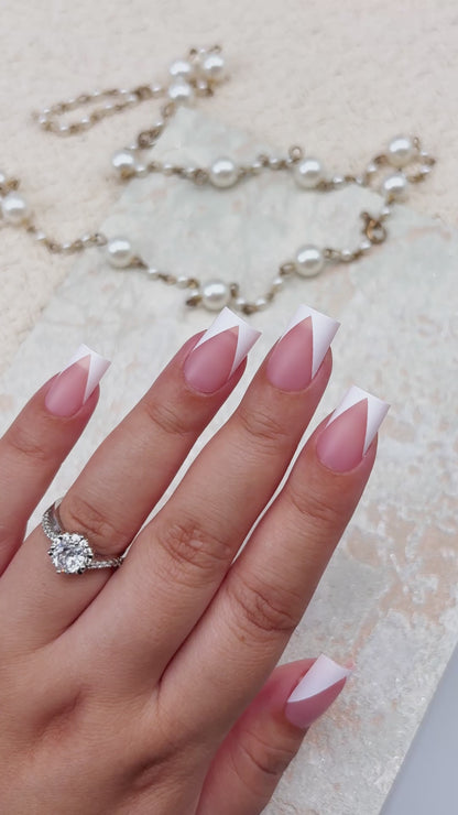 White V Shape French Short Square Nail Tips Baby Pink 240