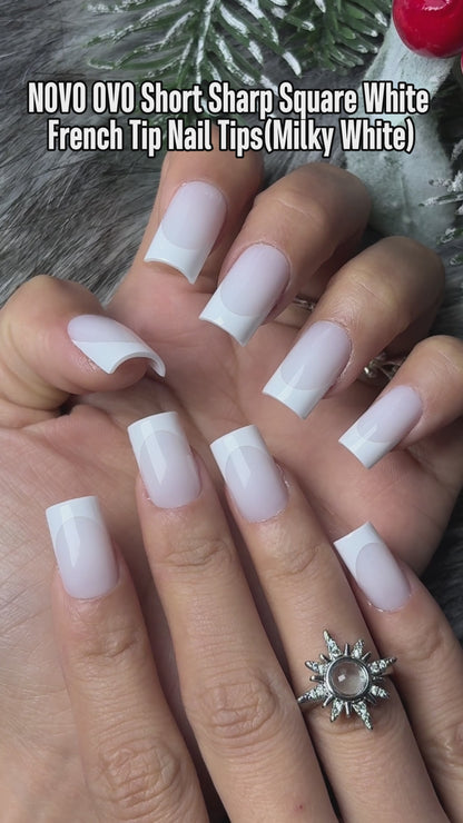 Short Sharp Square Nail Tips White French Tip Milky White