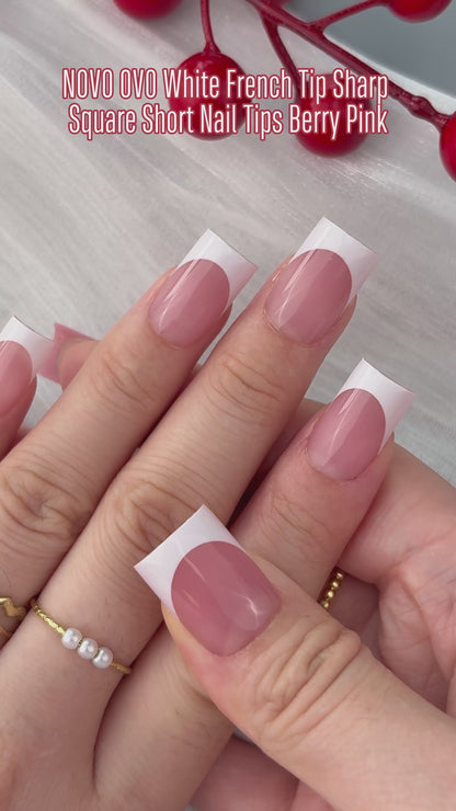 Short Sharp Square Nail Tips White French Tip BERRY PINK