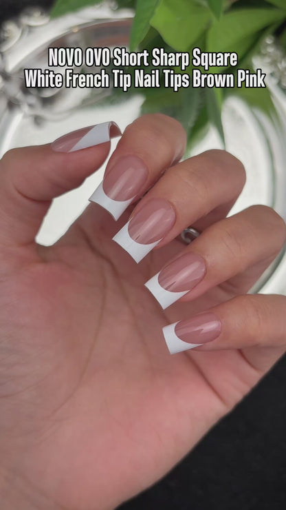 Short Sharp Square White French Tip Nail Tips Brown Pink 240