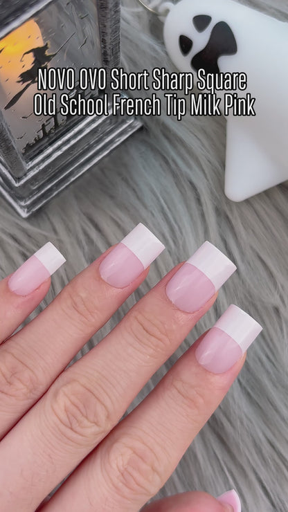Short Sharp Square Nail Tips Wide White French Tip Milky Pink