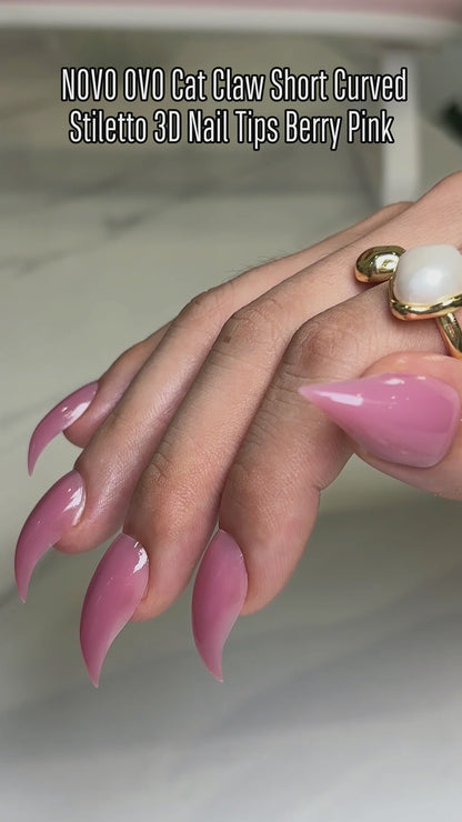 Cat Claw Short Curved Stiletto 3D Nail Tips Berry Pink 128