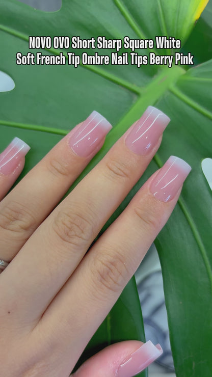 Short Sharp Square White Soft French Tip Ombre Nail Tips Berry Pink 240