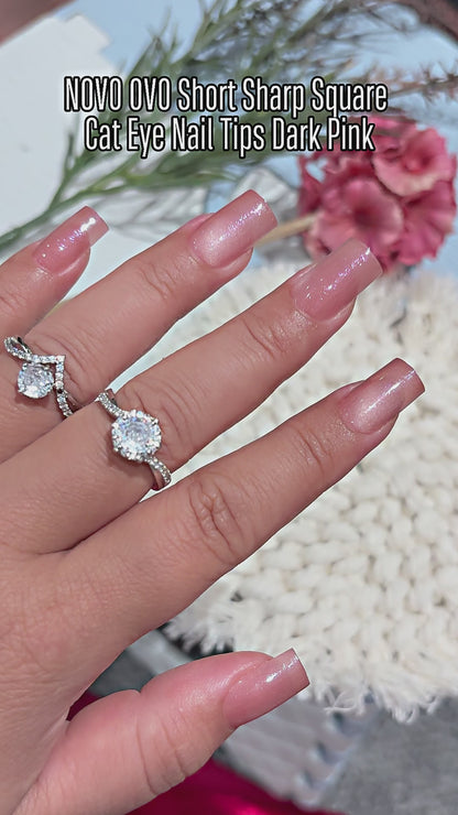Short Sharp Square Cat Eye Nail Tips Dark Pink