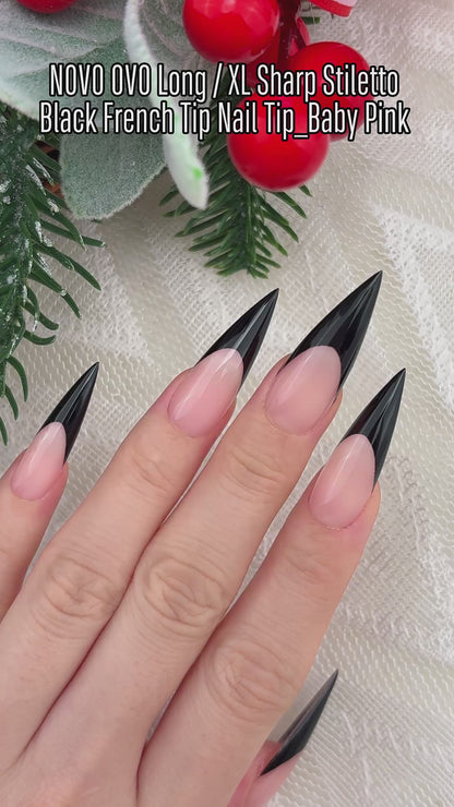 Long XL Sharp Stiletto Black French Tip Nail Tips Baby Pink