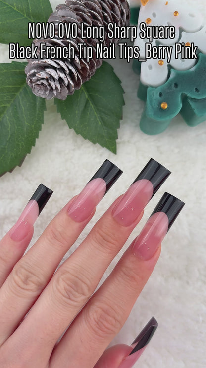 Long Sharp Square Black French Tip Nail Tips Berry Pink 180