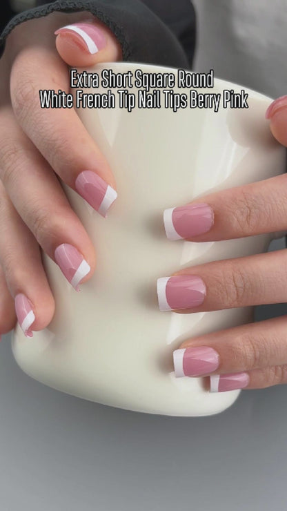 Extra Short Square Round White French Tip BERRY PINK