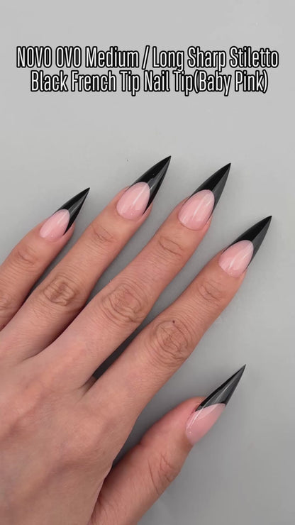Medium or Long Black French Tip Sharp Stiletto Nail Tips Baby Pink