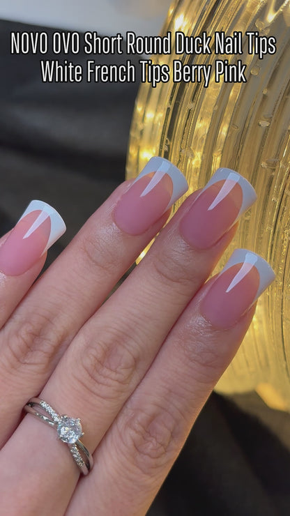 Short Round Duck Nail Tips White French Tips Berry Pink 240