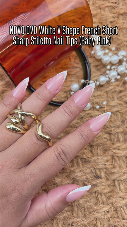 White V Shape French Short Sharp Stiletto Nail Tips Baby Pink