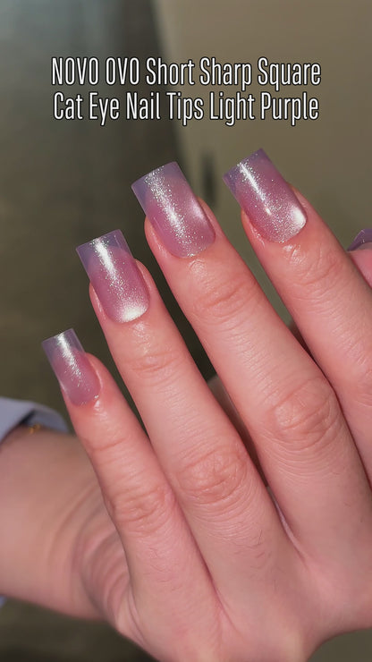 Short Sharp Square Cat Eye Nail Tips Light Purple