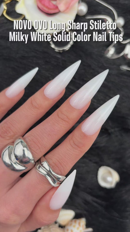 Long XL Pure Color Sharp Stiletto Nail Tips Milky White