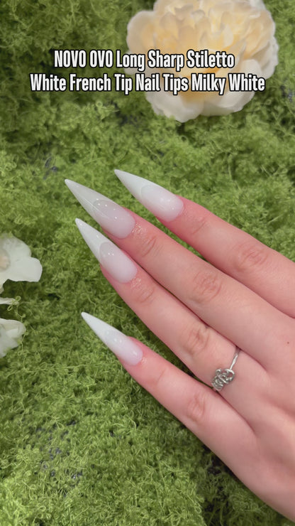 Long XL White French Tip Sharp Stiletto Nail Tips Milky White