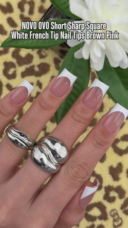 Short Sharp Square White French Tip Nail Tips Brown Pink 240