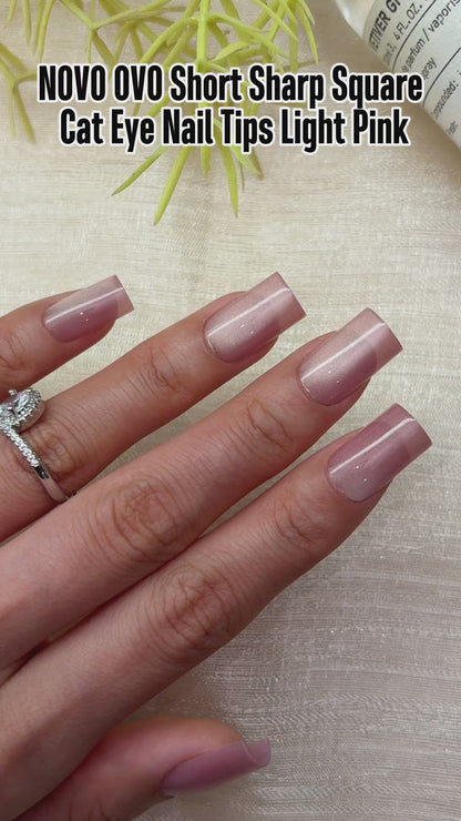 Short Sharp Square Cat Eye Nail Tips Light Pink