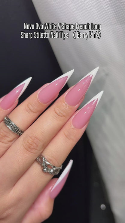 White V Shape French Long Sharp Stiletto Nail Tips Berry Pink
