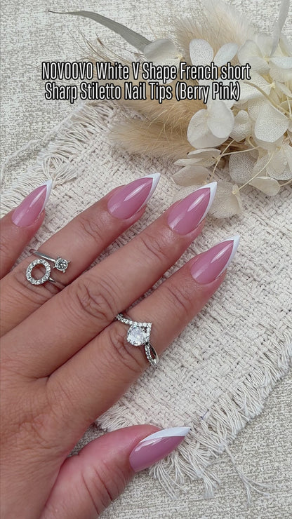 White V Shape French Short Sharp Stiletto Nail Tips Berry Pink