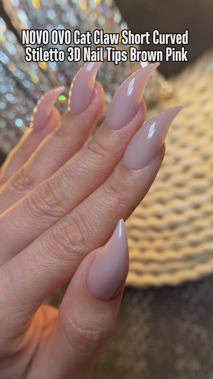 Cat Claw Short Curved Stiletto 3D Nail Tips Brown Pink 128