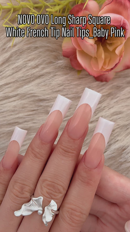 Long Sharp Square White French Tip Nail Tips Baby Pink 180