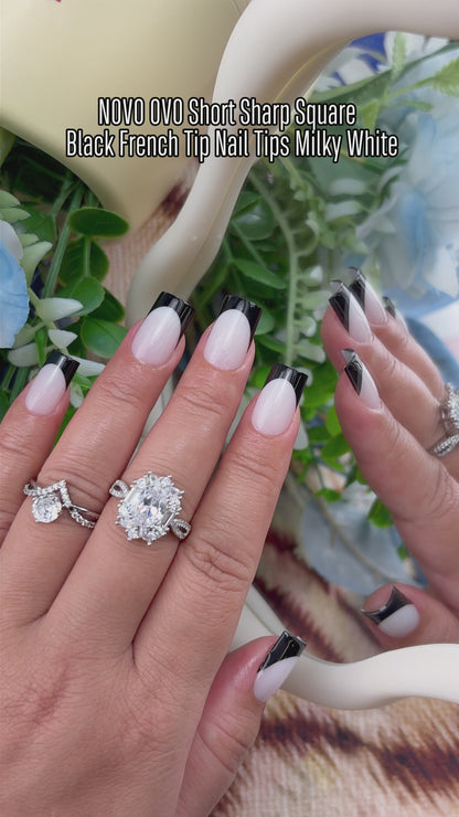 Short Sharp Square Nail Tips Black French Tip MILKY WHITE