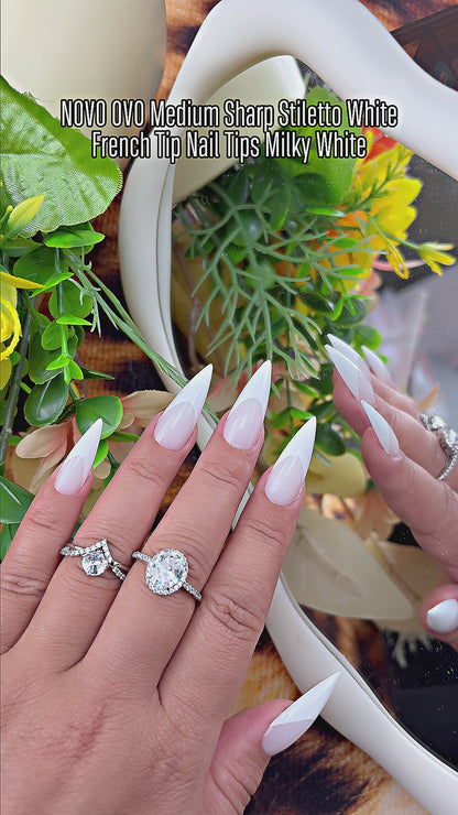 Medium or Long White French Tip Sharp Stiletto Nail Tips Milky White