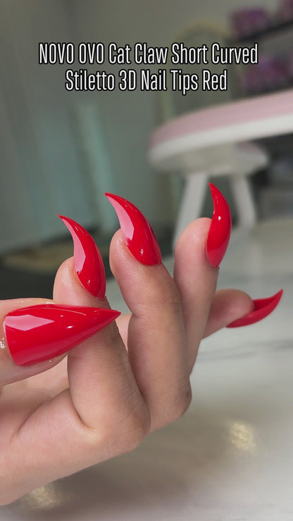 Cat Claw Short Curved Stiletto 3D Nail Tips Red 128