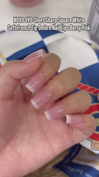 Short Sharp Square White Soft French Tip Ombre Nail Tips Berry Pink 240