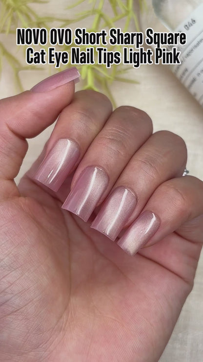 Short Sharp Square Cat Eye Nail Tips Light Pink